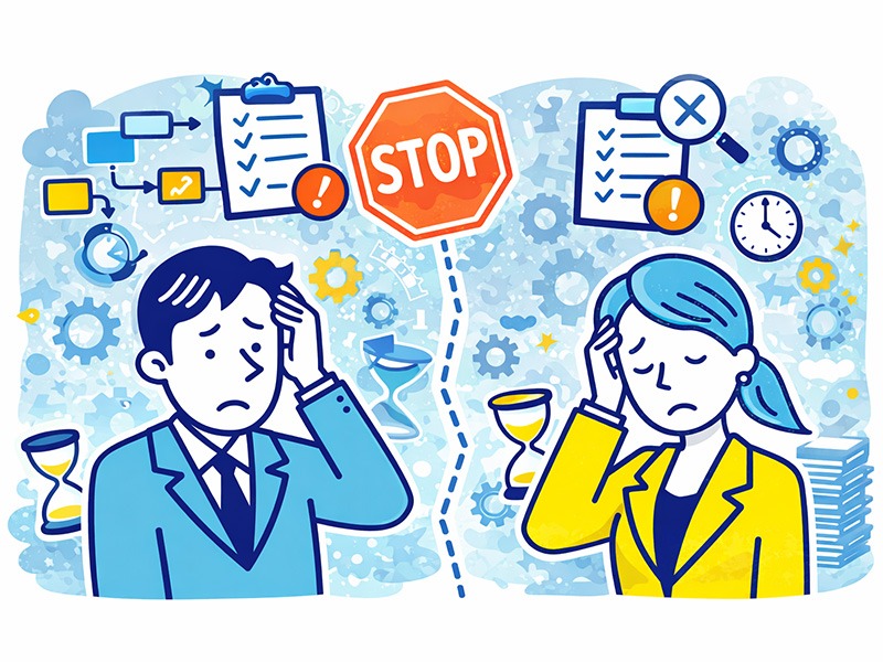 ENFP運動家が向いてない職業の特徴を示すイラスト。単調作業や厳格な手順に悩む男女を表現し、適職判断の参考になる構図。