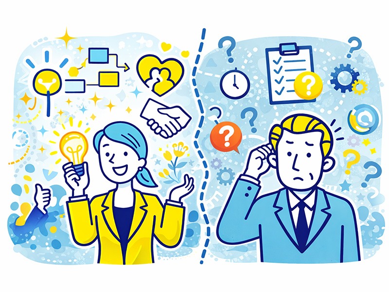 ENFP運動家が向いてる仕事の特徴を示すイラスト。創造性を発揮できる環境と、迷いやすい職場の違いを対比して表現。