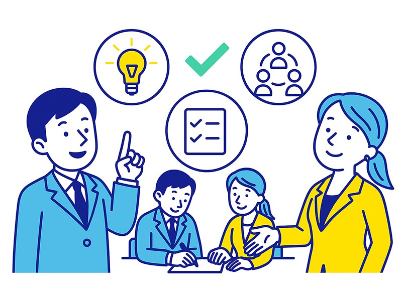 ENFPの向いている仕事と選び方を表すイラスト。自由度の高い働き方やチームでの協働が合う特徴を示した画像。