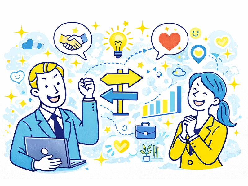 ENTP討論者が幸せに働くための考え方と適職設計を表したイラスト｜強みを活かせる働き方のイメージ