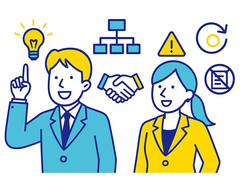 ENTPの仕事適性を示すイラスト。自由度や変化に強い特性と、企画・改善で力を発揮する様子を表現した図。