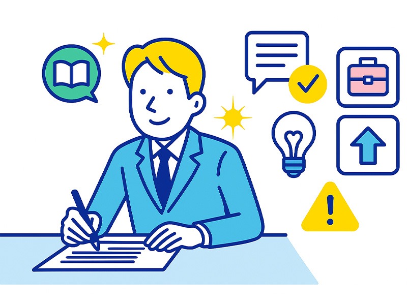 就活エントリーシートの書き方を表現したフラットイラスト。学生がESを書く様子と、要点を示すアイコンを配置した図（エントリーシート 書き方）