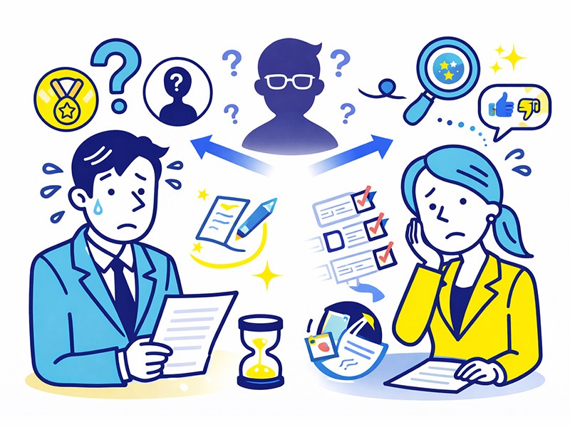 就活ES(エントリーシート)の書き方で悩む理由を整理し、評価基準や判断軸を理解するためのイメージイラスト