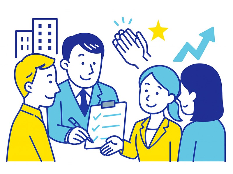 ESFJに向いている仕事と職業例を示すイラスト。協力し合う社会人とチェックリスト、連携を象徴するアイコンを配置した構成。