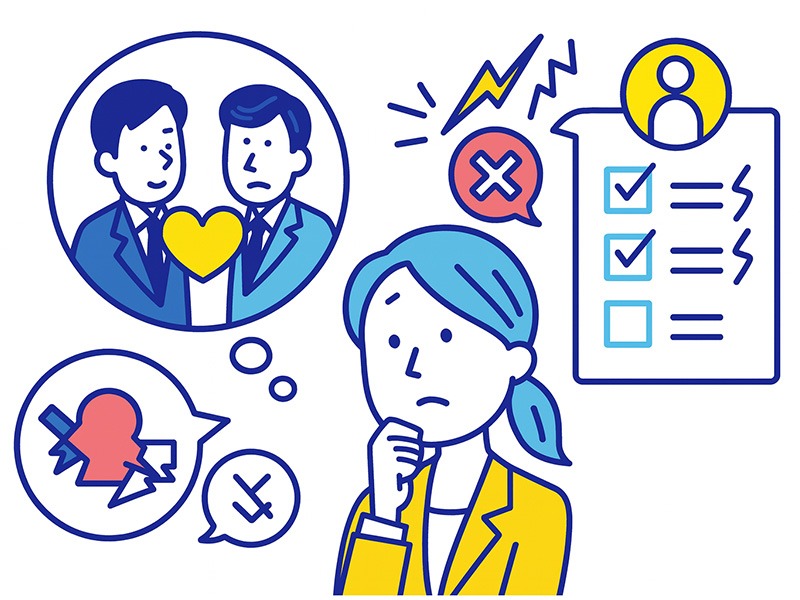 ESFJの特徴と仕事の相性をイメージしたイラスト。協調性や共感力を持つ人物と、対人負荷・評価の曖昧さを示すアイコンを組み合わせた構成。