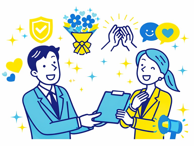 ESFJ（領事）が仕事で嬉しいと感じる瞬間を表したイラスト。人との関わりの中で貢献実感を得られ、感謝や安心につながる場面でモチベーションが高まるESFJの性格傾向を表現