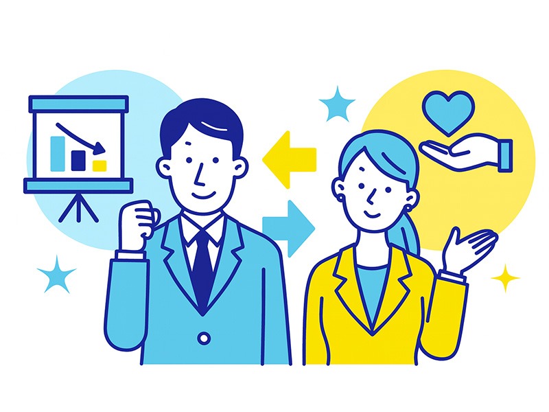 ESFJの男女別に合う働き方と転職軸を描いたイラスト。男女で強みが異なる特徴を表現した構図。