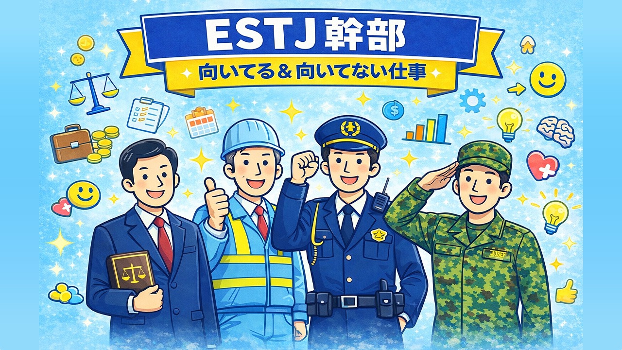 ESTJ幹部に向いてる仕事・向いてない仕事を分かりやすく表したイラスト。法律・施工管理・公務員・自衛官などESTJタイプの適職イメージを紹介