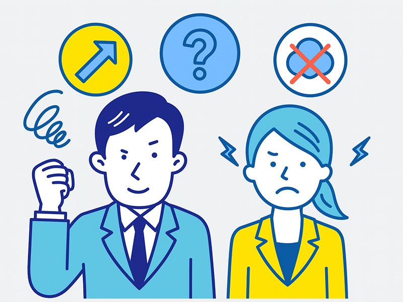 ESTJの適職を理解するための性格特徴を示すイラスト。実行力と管理能力の強み、曖昧な状況が苦手な傾向を表現。