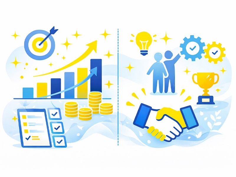 ESTJ幹部が仕事で嬉しいと感じる瞬間を表したイラスト。成果が見える仕事や秩序ある組織で向いてる仕事との相性を整理。