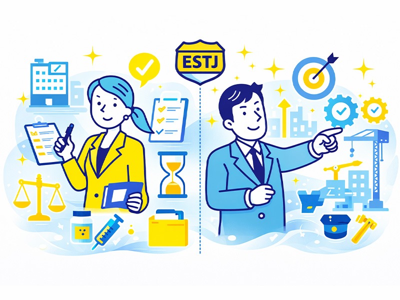 ESTJ幹部に向いてる仕事と職業一覧をイメージしたイラスト。実務力や決断力を活かせる仕事の傾向を整理。