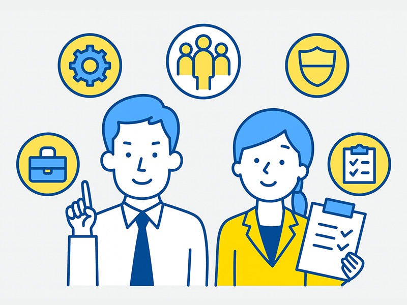 ESTJに向いている仕事と適職傾向を示すイラスト。組織運営・品質管理など明確な役割が活かせる働き方を表現。