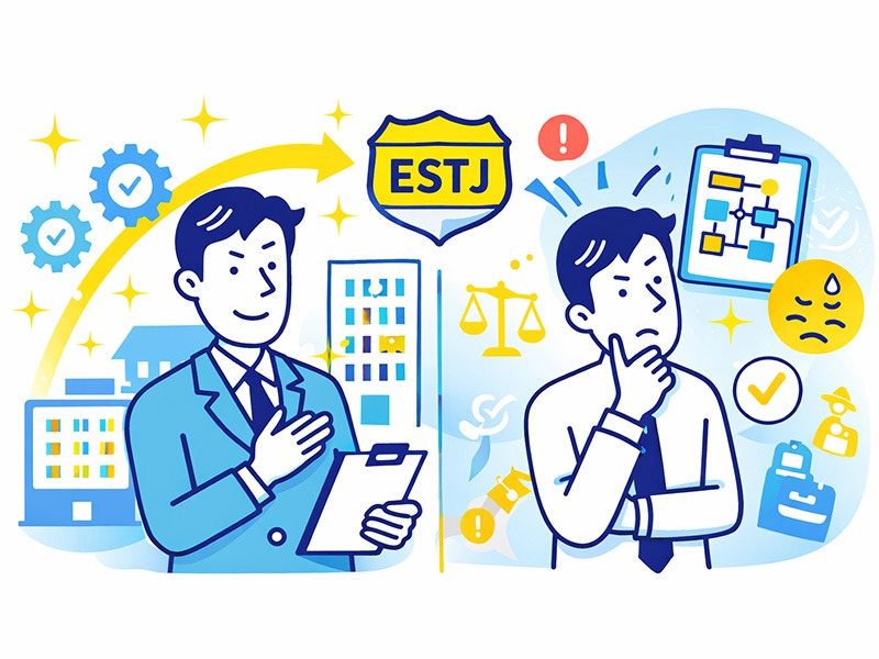 ESTJ幹部の特徴と性格傾向を表したイラスト。現実志向で責任感が強く、仕事や職業選択の判断軸を整理する様子を表現。