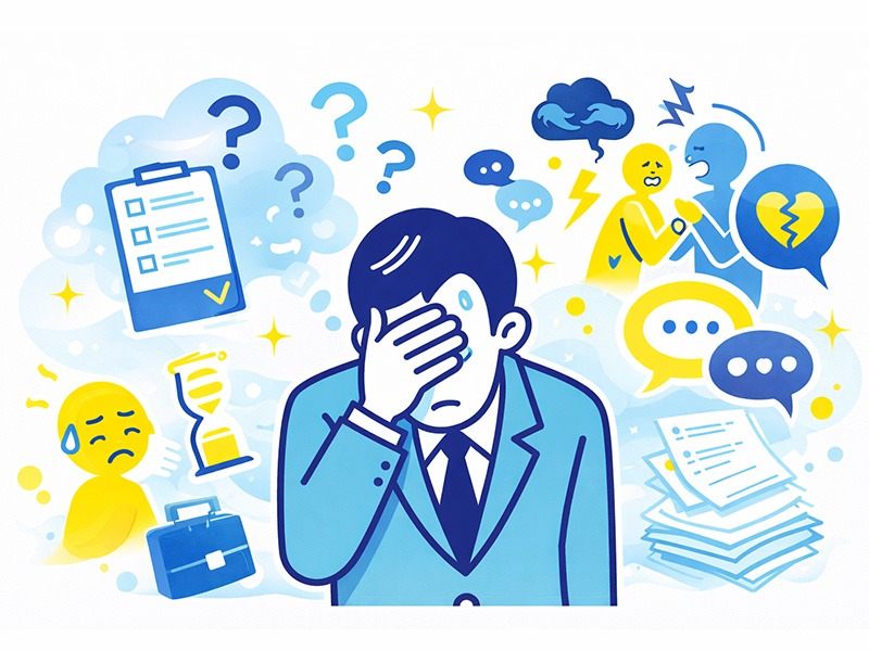 ESTJ幹部に向いてない仕事の特徴を表したイラスト。曖昧な環境や感情労働が多い職業との相性を整理。