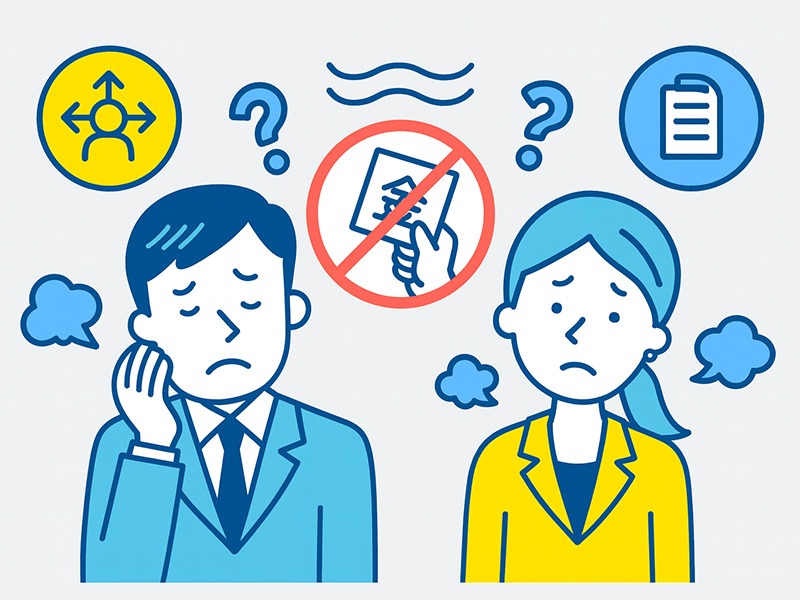 ESTJに向かない仕事と注意点を示すイラスト。曖昧な環境や裁量依存の働き方でストレスを抱えやすい状況を表現。