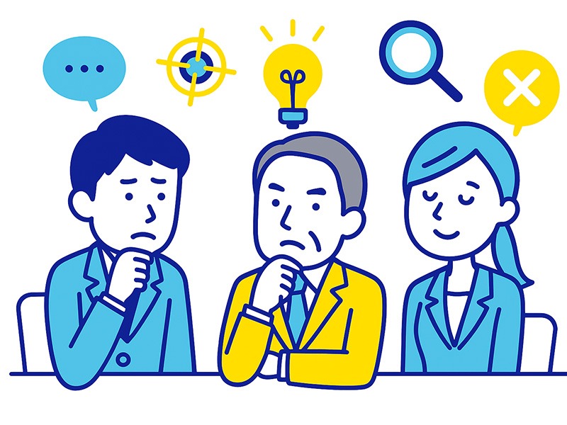 就活の最終面接で行われる役員面接において、落ちる人の特徴をイメージ化したイラスト。価値観のズレや準備不足による不採用要因を象徴的に表現した構図。