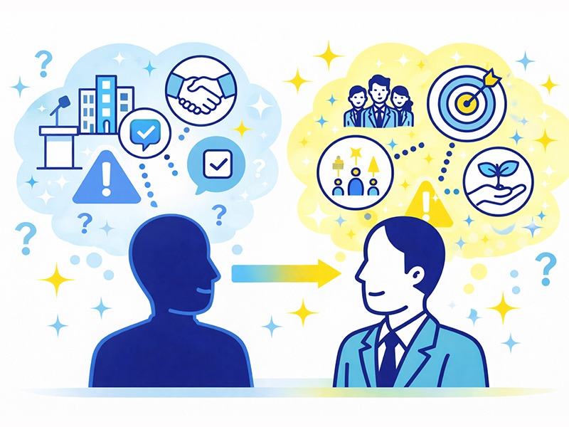 最終面接で見られる評価基準と注意点を表現した就活生向けイメージイラスト