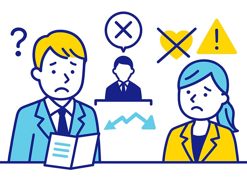 転職の最終面接で落ちる人の特徴を表したイラスト。価値観のずれや回答の浅さを象徴するビジネスパーソンの不安な表情と複数の警告アイコンを配置。