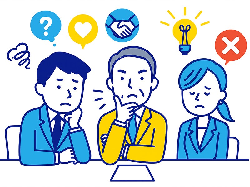 就活の最終面接で落ちる主な理由を表現したイラスト。価値観の不一致や志望度の弱さなど、就活生が不採用になる要因を象徴的に描いた構図。
