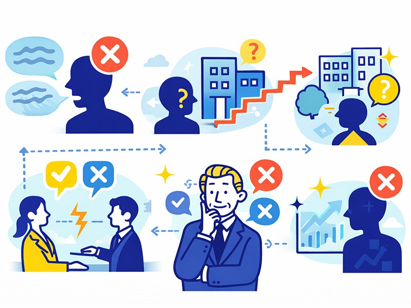 転職の最終面接で落ちる人の典型理由を図解したイラスト｜評価されにくいポイントを整理した構造イメージ