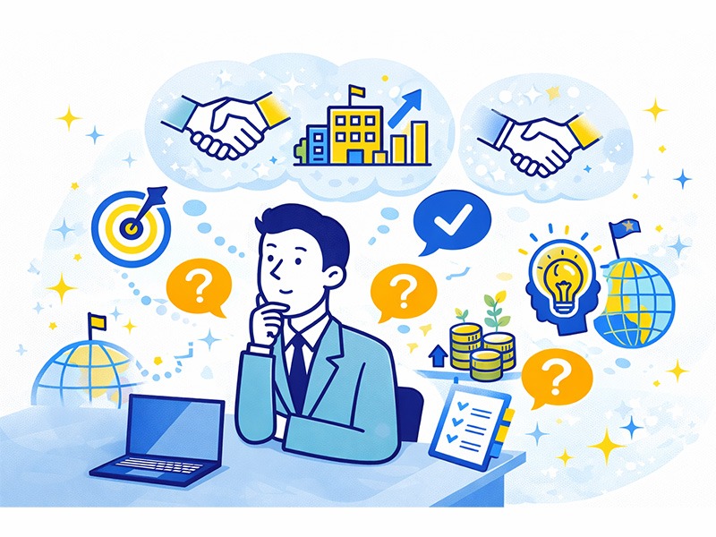 就活の最終面接で企業の価値観や将来性を意識した逆質問を考える新卒就活生を表したイラスト