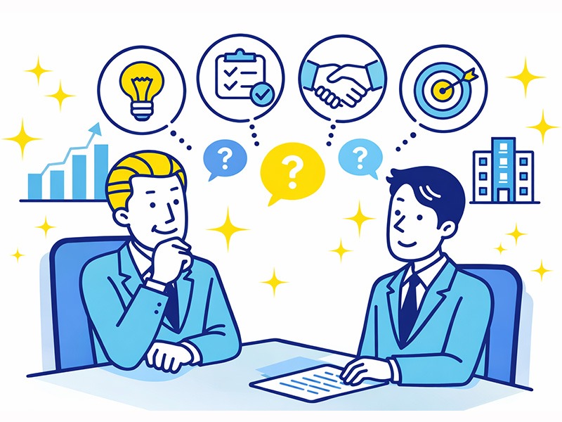 就活の最終面接で聞かれることをイメージした、新卒採用の価値観確認シーンを描いたイラスト