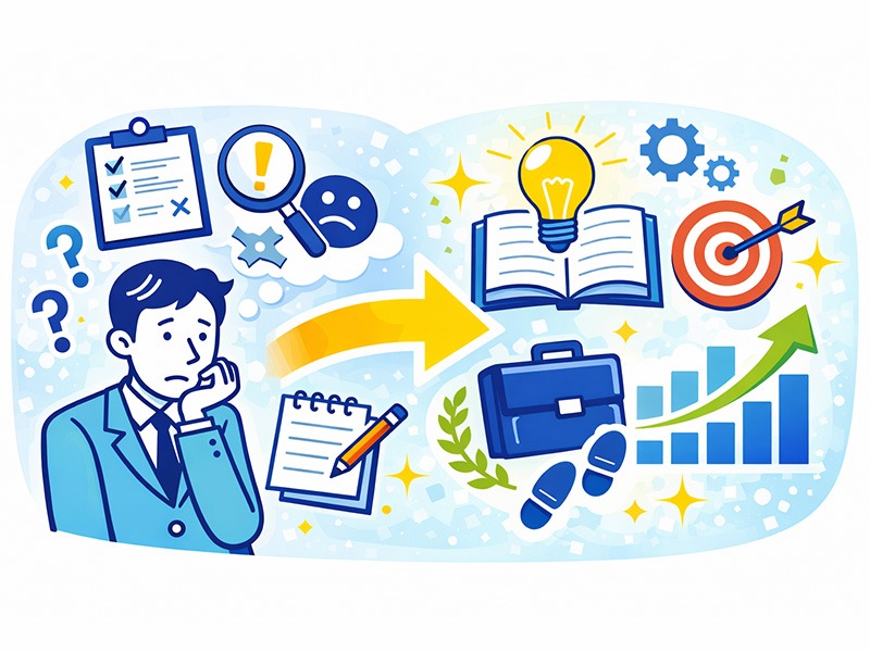 就活の最終面接で落ちた経験を振り返り、次の選考に活かす行動を整理する新卒のイメージイラスト｜最終面接後の対策