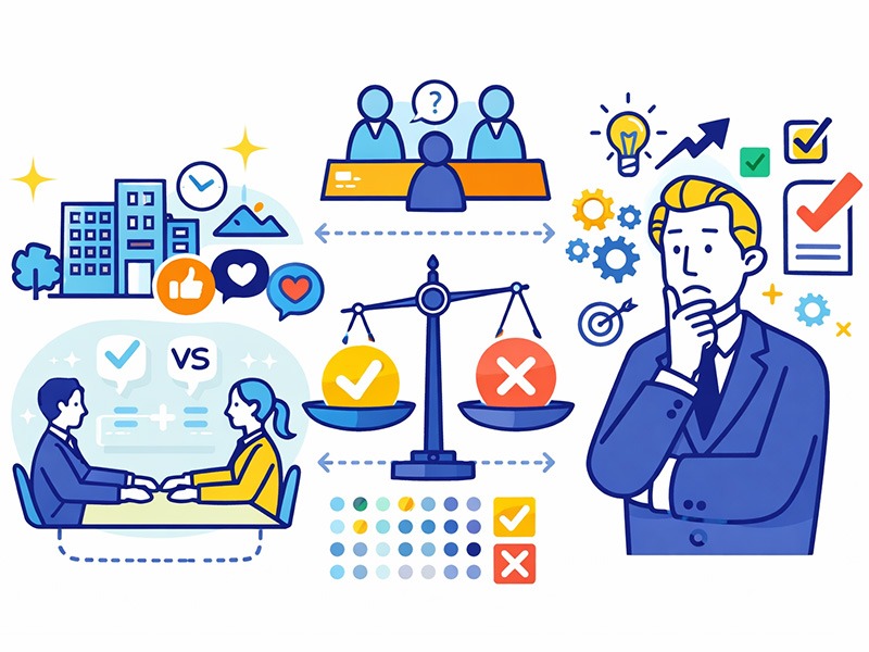 転職の最終面接で落ちる理由を整理した全体像を示すイラスト｜企業側の判断基準と比較構造を表す図