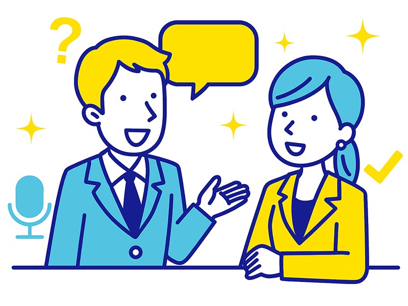 最終面接に向けた準備と練習方法をテーマにしたイラスト。男女が鏡の前で受け答えの練習や姿勢の確認をしており、背景にチェックリストや時計、スピーチバブルなどのアイコンが配置された青と黄色のフラットデザイン。