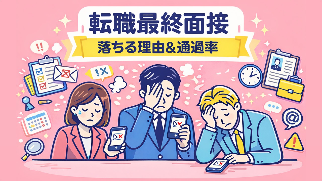 転職の最終面接後に不採用通知メールを受け取る転職者のイラスト｜転職最終面接の不合格理由と通過率の目安