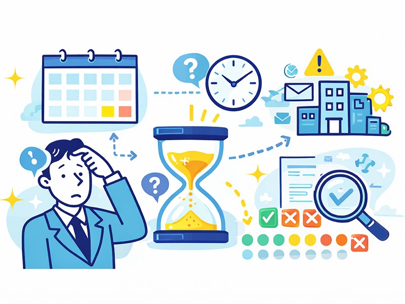 転職の最終面接結果連絡が遅い理由と日数の目安を図解したイラスト｜中途採用で結果が出るまでの仕組みを示す構造イメージ