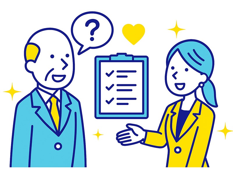 最終面接の逆質問と伝え方のコツをテーマにしたイラスト。役員や社長を前に応募者が質問をしている場面を青と黄色のフラットデザインで描き、背景に吹き出しやクエスチョンマークなどのアイコンを配置した構図。