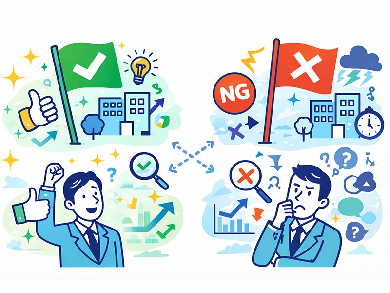 転職の最終面接における合格フラグと不合格フラグを対比したイラスト｜評価サインを客観的に整理した図