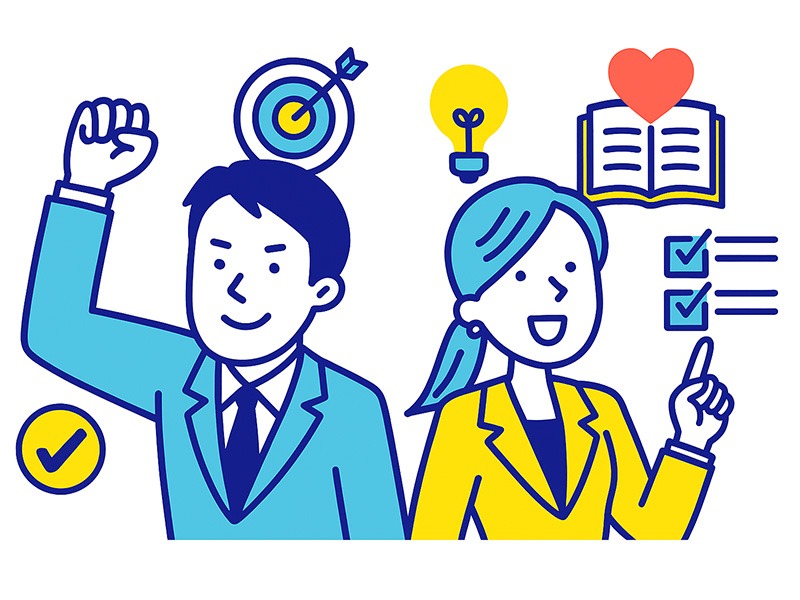 就活の最終面接で落ちないための対策方法を表現したイラスト。価値観の一致、判断基準の一貫性、企業理念の理解など、役員・社長面接で評価される準備ポイントを象徴的に示した構図。