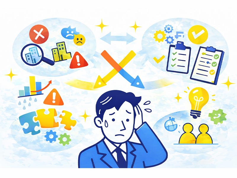 転職の一次面接で落ちた後に原因を整理し次の対策を考える中途採用者のイメージイラスト