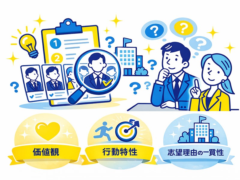 就活の一次面接で頻出する質問をもとに、価値観や行動特性、志望理由の一貫性を整理する新卒向けイメージ