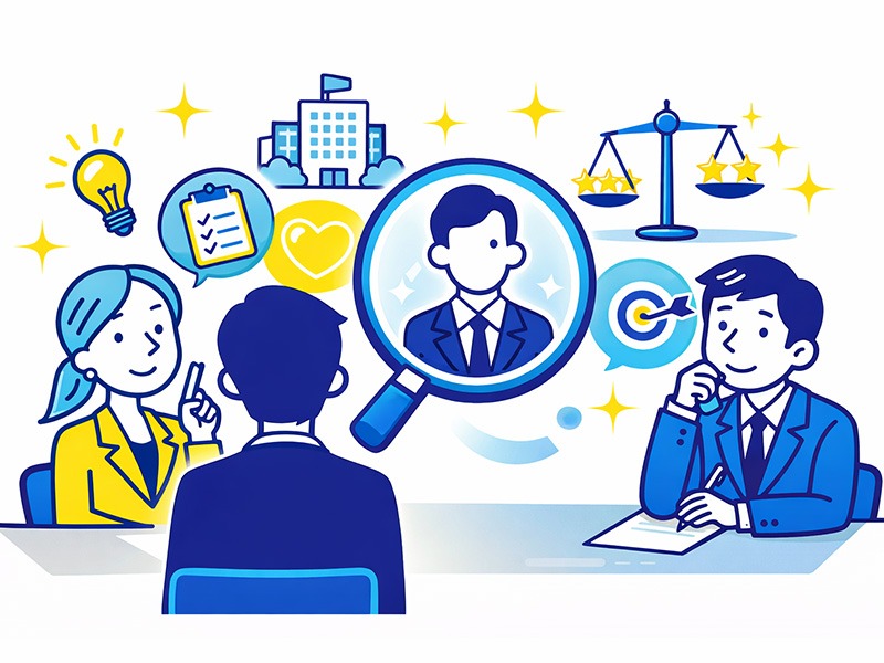 就活の一次面接で面接官が何を見ているのかを、評価軸や適性の視点から整理した新卒向けイメージ