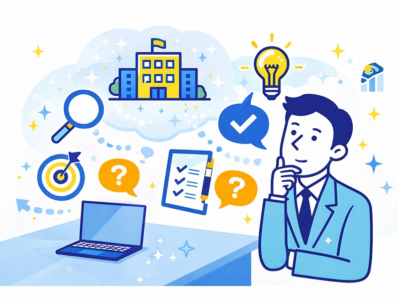 就活の一次面接で逆質問の内容や評価基準を考えながら質問を選ぶ新卒就活生を表したイラスト