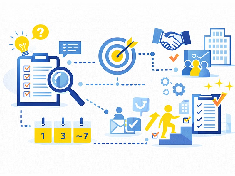 一次面接を通過するための改善ポイントを整理し、就活で次に取るべき行動を分かりやすく示したイラスト