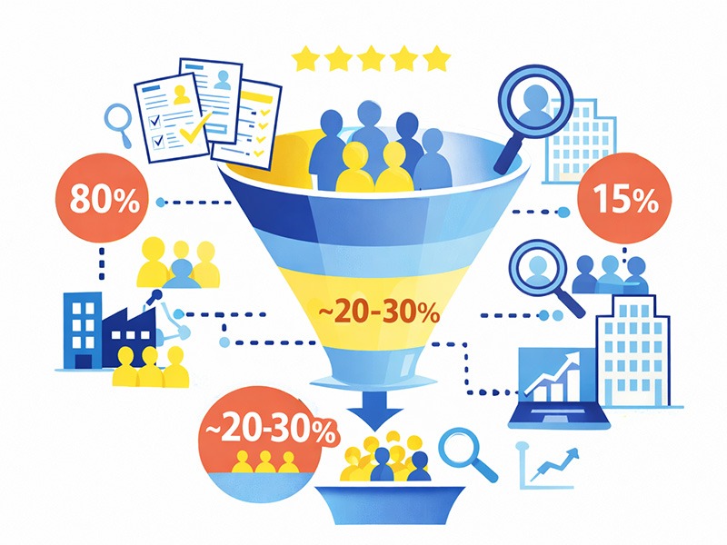 新卒就活における一次面接の通過率と合格率の目安を整理し、業界差を客観的に示す解説用イラスト