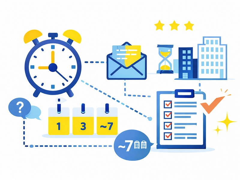 一次面接の合否結果がいつ届くかの目安を日数と期間の観点で整理した就活向けイラスト