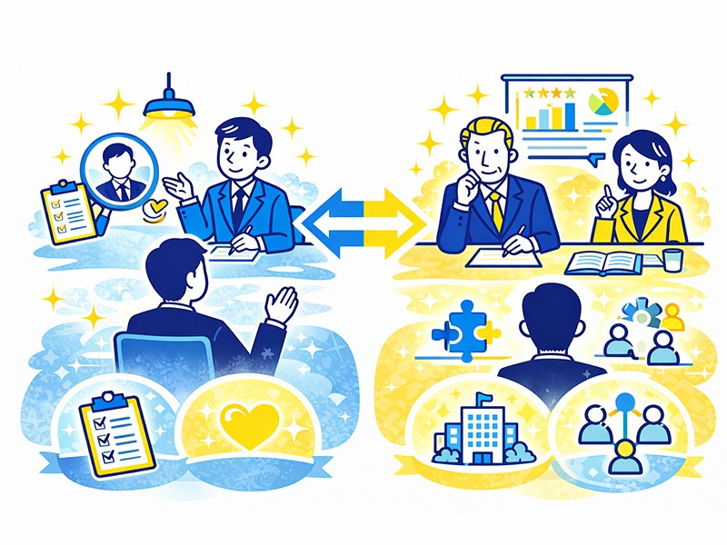 就活における一次面接と二次面接の違いを、評価視点や確認内容の違いとして整理した比較イメージ