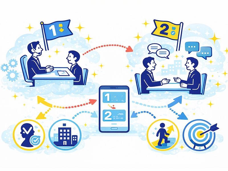 就活における一次面接と二次面接の違いを、評価基準や質問の深さの変化として比較したイメージイラスト