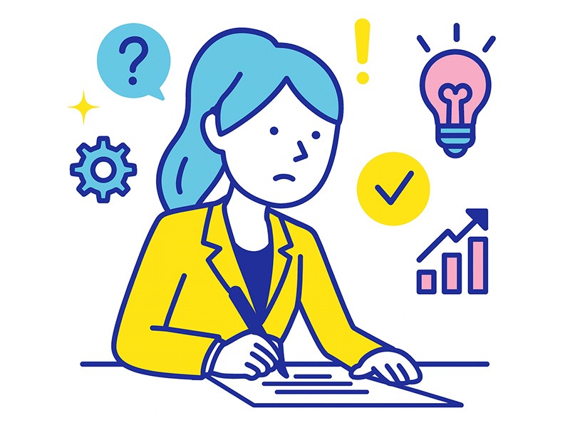 就活のガクチカの書き方を表現したフラットイラスト。学生が経験を整理し、課題への向き合い方や行動理由を考える様子を描いた図（ガクチカ 書き方）