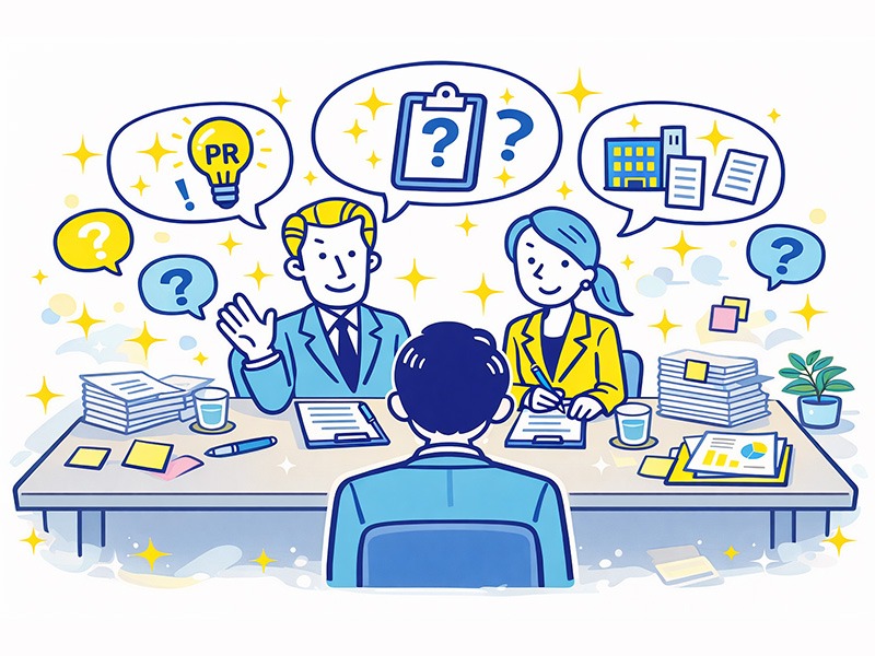 就活の集団面接で聞かれることの基本をイメージしたイラスト（質問や評価ポイントを示す面接シーン）