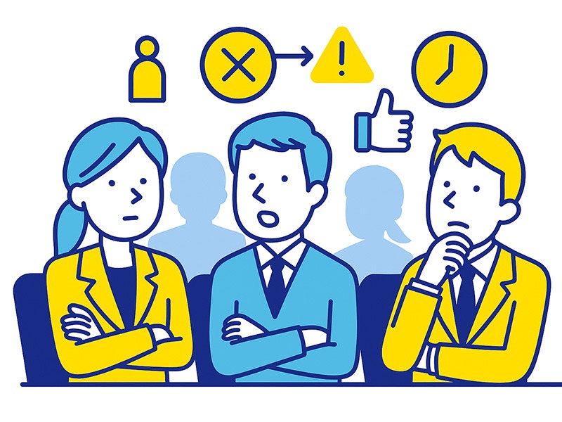 転職の集団面接で落ちる理由と企業が協働力を比較するポイントを表現したフラットイラスト