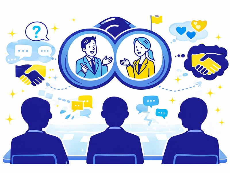 集団面接の質問を通して面接官が見ている評価ポイントや立ち振る舞いを表した中途採用向けイラスト