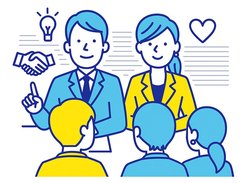 就活の集団面接で評価されるポイントをテーマにしたイラスト。複数の就活生が面接官の前で発言し、面接官がメモを取りながら評価している様子を描いている。協調性や柔軟さ、姿勢を象徴するアイコンを背景に配置した青と黄色のフラットデザイン。