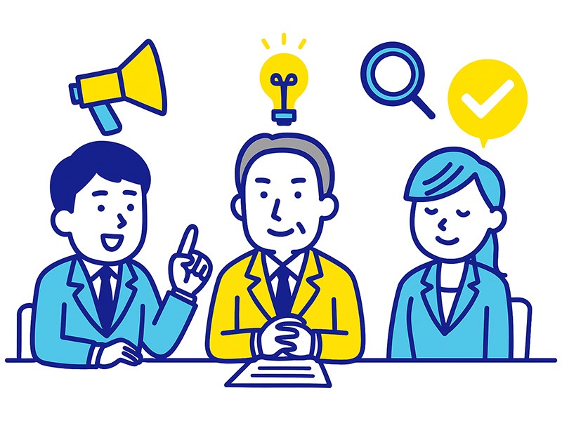 就活の集団面接の流れを説明するイラスト。導入説明・自己紹介・質問ラウンド・締めの挨拶といった基本ステップを、青と黄色のフラットデザインでわかりやすく表現。