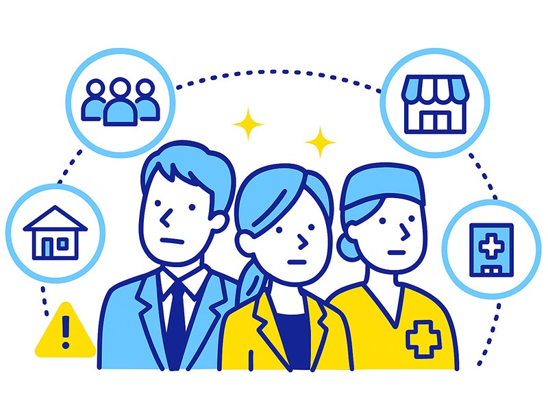 転職で集団面接が多い業界と落ちる理由を象徴的に描いたフラットイラスト。公務員・サービス業・医療介護などの特徴を表すアイコン構成。